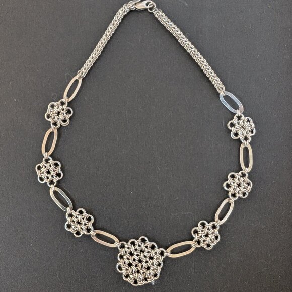 Vintage 925 Sterling Silver Artisan Made 9" Chain Flower design necklace 48gms - Picture 1 of 5